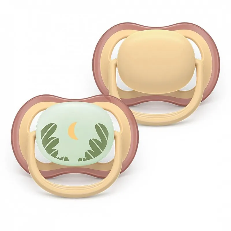 2 броя ортодонтски силиконови залъгалки Philips AVENT SCF087/09 Ultra Air Day and Night, 0-6м, пастелни цветове, унисекс, в кутия за стерилизиране
