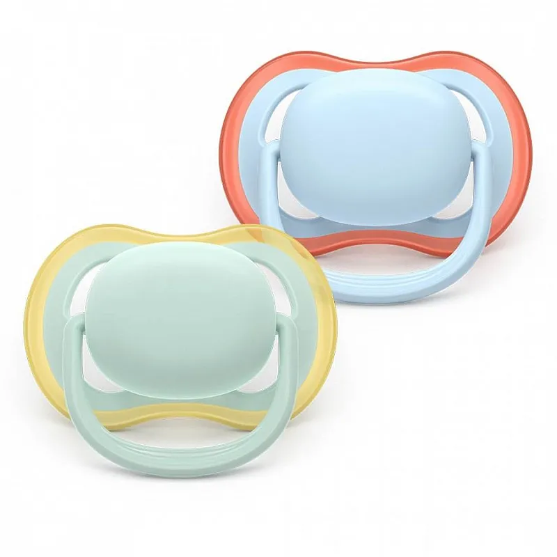 2 броя ортодонтски силиконови залъгалки Philips AVENT SCF087/01 Ultra Air, 0-6м, пастелни едноцветни, в кутия за стерилизиране