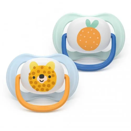 2 броя ортодонтски силиконови залъгалки Philips AVENT SCF080/23 Ultra Air Happy, 0-6м, с декорация в синьо, в кутия за стерилизиране