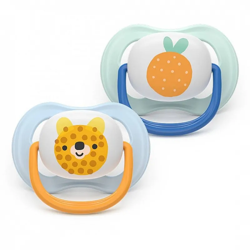 2 броя ортодонтски силиконови залъгалки Philips AVENT SCF080/23 Ultra Air Happy, 0-6м, с декорация в синьо, в кутия за стерилизиране