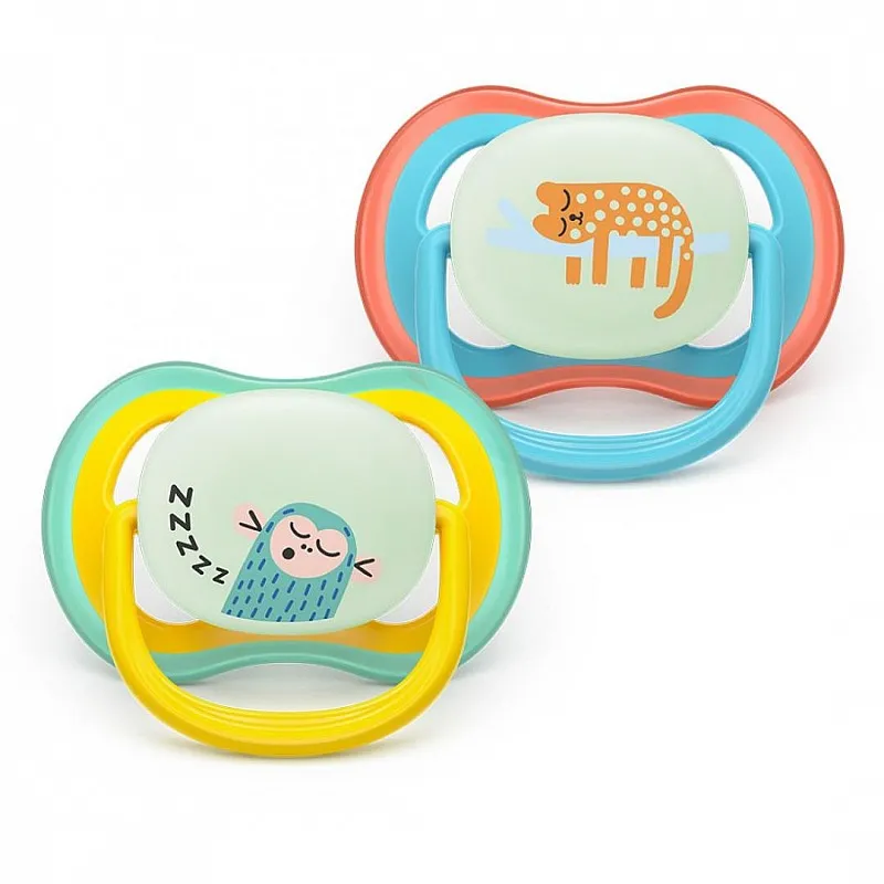 2 броя светещи в тъмното, ортодонтски силиконови залъгалки Philips AVENT SCF376/32 Ultra Air NightTime, 18м+, с картинки, в кутия за стерилизиране