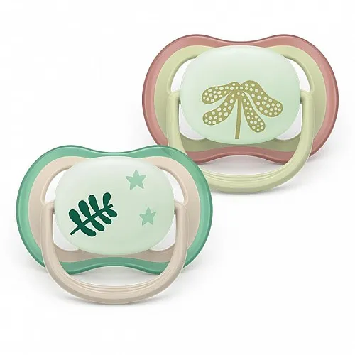 2 броя светещи в тъмното, ортодонтски силиконови залъгалки Philips AVENT SCF376/31 Ultra Air NightTime, 6-18м, с картинки, в кутия за стерилизиране