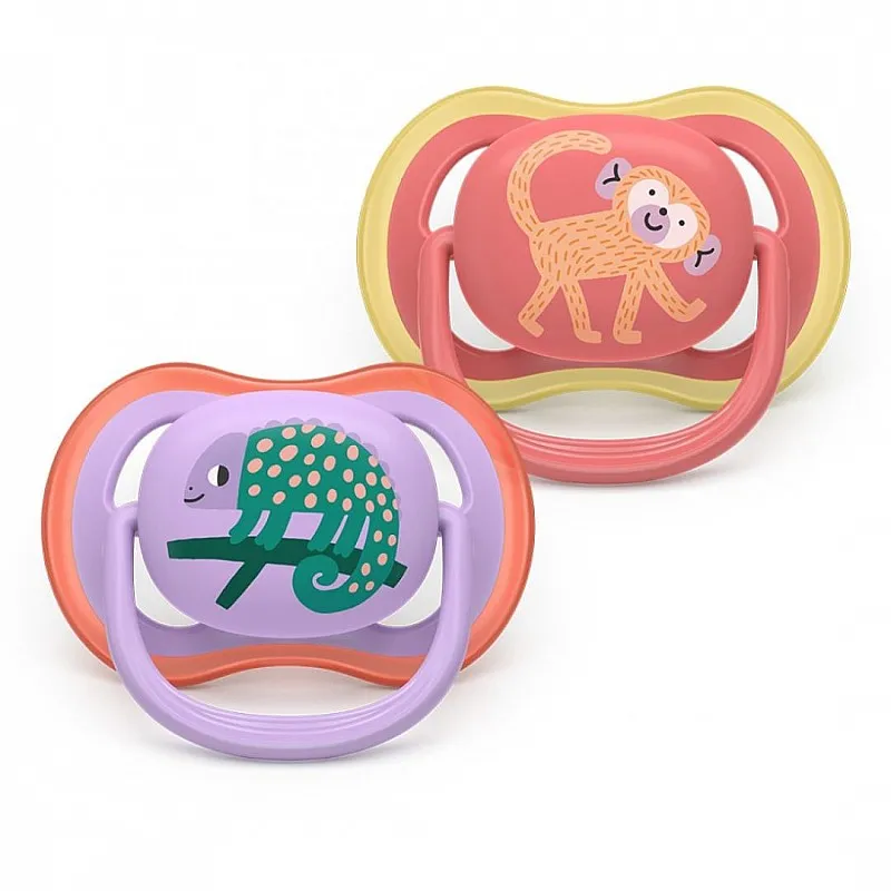 2 броя ортодонтски силиконови залъгалки Philips AVENT SCF349/47 Ultra Air, 18м+, с картинки, в кутия за стерилизиране