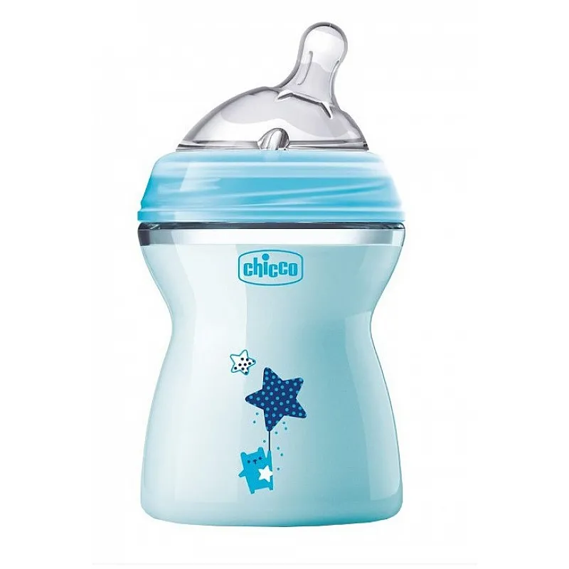 Chicco Шише Natural Feeling 250 мл със силиконов биберон 2 капки 2м+ - момче