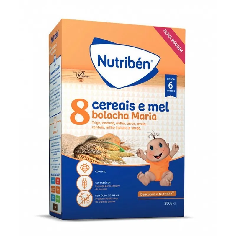 Nutriben Безмлечна каша с 8 зърнени култури, мед и бисквити Мария 6м., 250г
