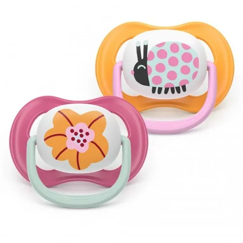 2 броя ортодонтски силиконови залъгалки Philips AVENT SCF080/27 Ultra Air Happy, 6-18м, с декорация в розово, в кутия за стерилизиране