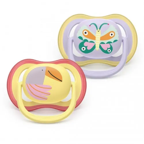 2 броя ортодонтски силиконови залъгалки Philips AVENT SCF087/04 Ultra Air, 0-6м, пастелни цветове с картинки, в кутия за стерилизиране
