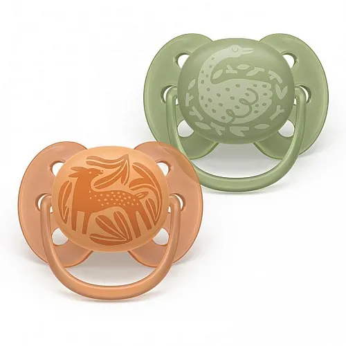 Комплект от 2 броя ортодонтични силиконови залъгалки Philips AVENT Ultra Soft SCF093/06, в кутия за стерилизиране, plant-based