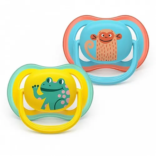 2 броя ортодонтски силиконови залъгалки Philips AVENT SCF349/58 Ultra Air, 18м+, с картинки, в кутия за стерилизиране