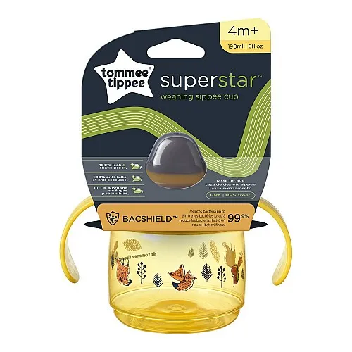 Tommee Tippee SUPERSTAR НЕРАЗЛИВАЩА СЕ ЧАША С МЕК НАКРАЙНИК с дръжки 190мл 4м+ BACSHIELD ЖЪЛТ