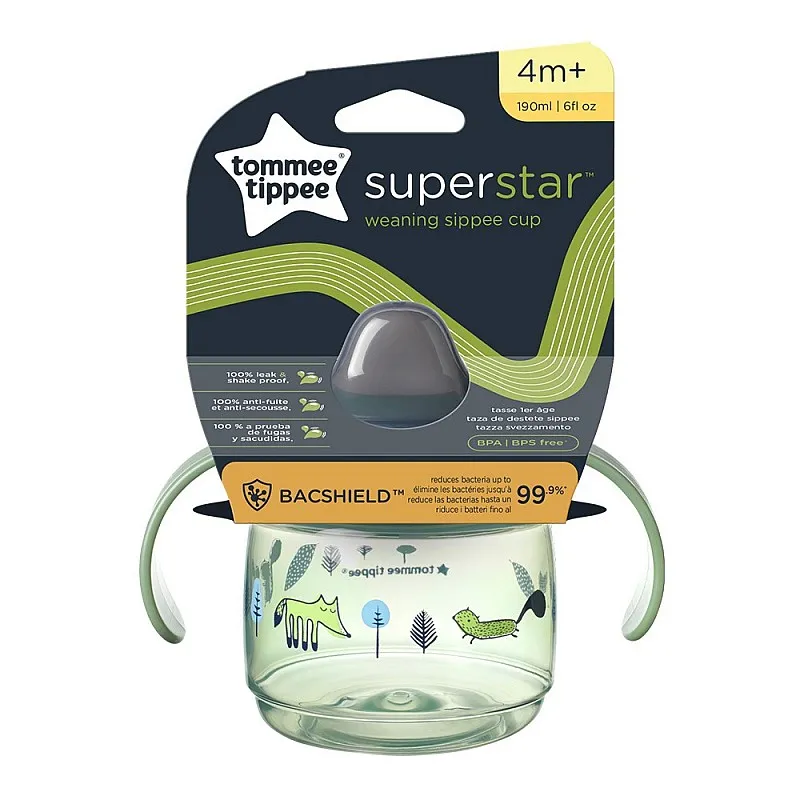Tommee Tippee SUPERSTAR НЕРАЗЛИВАЩА СЕ ЧАША С МЕК НАКРАЙНИК с дръжки 190мл 4м+ BACSHIELD Зелена