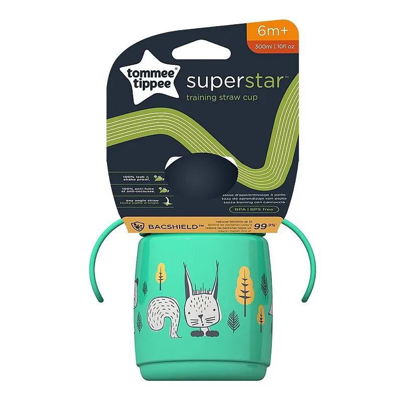 Tommee Tippee SUPERSTAR НЕРАЗЛИВАЩА СЕ ЧАША СЪС СЛАМКА с дръжки 300мл 6м+ BACSHIELD ЗЕЛЕН