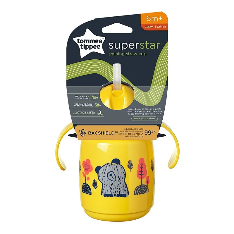 Tommee Tippee SUPERSTAR НЕРАЗЛИВАЩА СЕ ЧАША СЪС СЛАМКА с дръжки 300мл 6м+ BACSHIELD Жълт