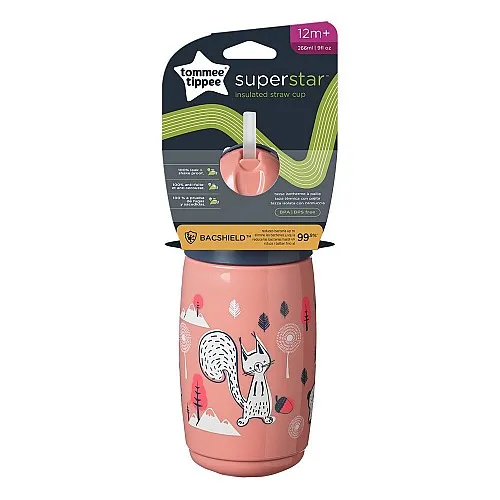 Tommee Tippee SUPERSTAR НЕРАЗЛИВАЩА СЕ ТЕРМОЧАША СЪС СЛАМКА 266мл 12м+ BACSHIELD РОЗОВ