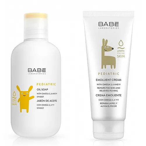 BABE Комплект Душ-олио за атопична кожа при бебета и деца 200мл + Емолиентен крем за атопична кожа при бебета и деца 200мл