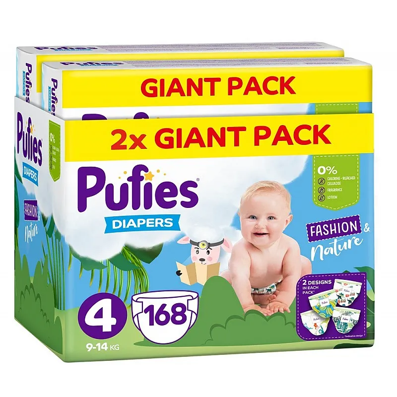 Pufies Пелени Fashion & Nature 4 9-14кг 168бр. с подарък плюшено агънце Пуфи