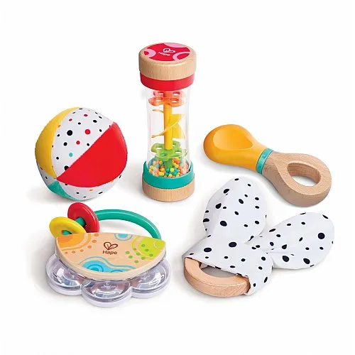 Комплект бебешки играчки, Hape, 5 в 1 сензорни играчки