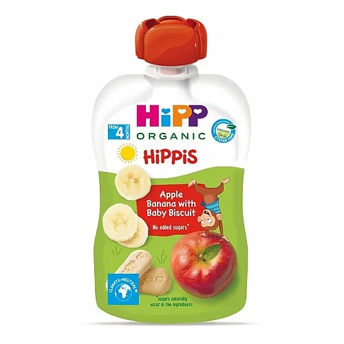 HiPP БИО Забавна плодова закуска Ябълка, банан и бисквити 4м. 100г