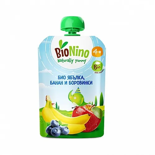 BioNino БИО плодова закуска с ябълка, банан и боровинки 4м. 100г