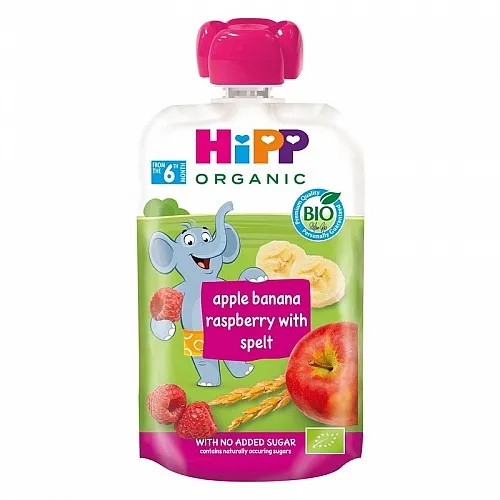 HiPP БИО Плодова закуска Ябълка,банан,малина със спелта 6м. 100г