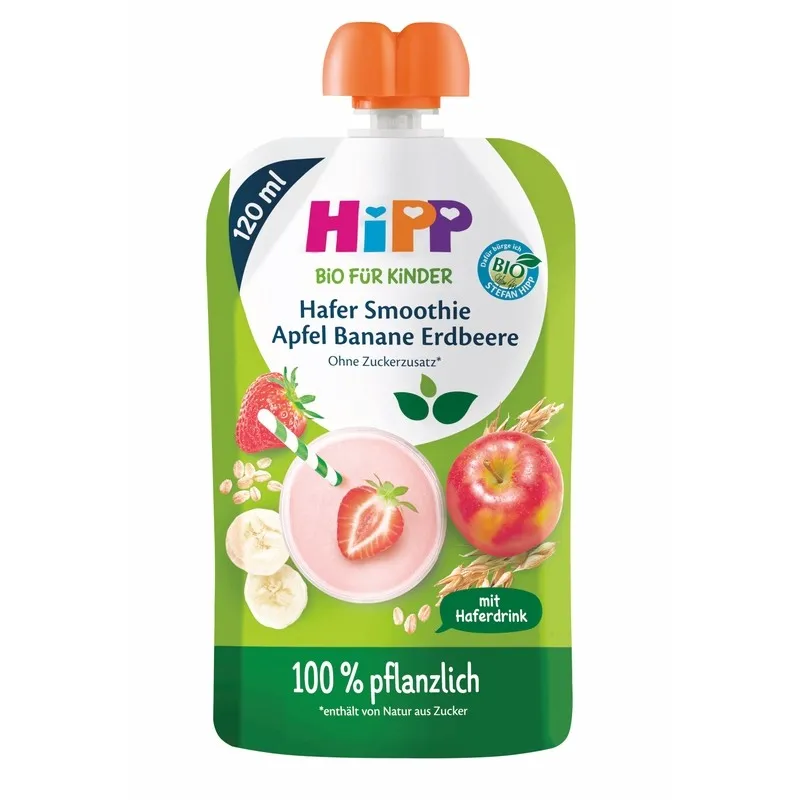 HIPP БИО Смути Ябълка, банан, ягода и овес 12м. 120г
