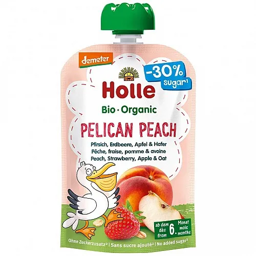 HOLLE БИО Пюре праскова, ябълка, ягода и овесени ядки 6м. 100г