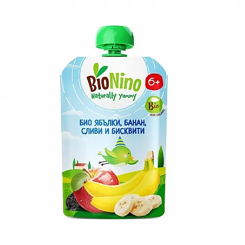 BioNino БИО плодова закуска с ябълки, банан, сливи и бисквити 6м. 100г