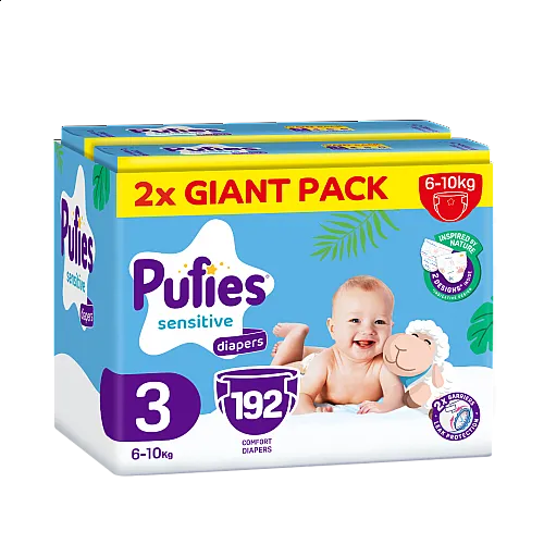 Pufies Sensitive 3 Midi 6-10кг 192бр. + Подарък Еднократни пелени 4 9-14кг 40бр.