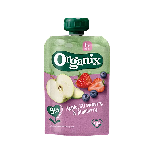 Organix Пауч ябълка, ягода и боровинка 6м. 100г
