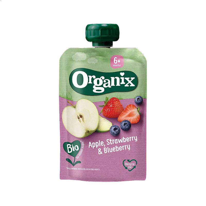 Organix Пауч ябълка, ягода и боровинка 6м. 100г