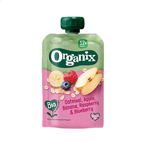Organix Пауч овес, ябълка, банан, малина и боровинка 12м. 100г