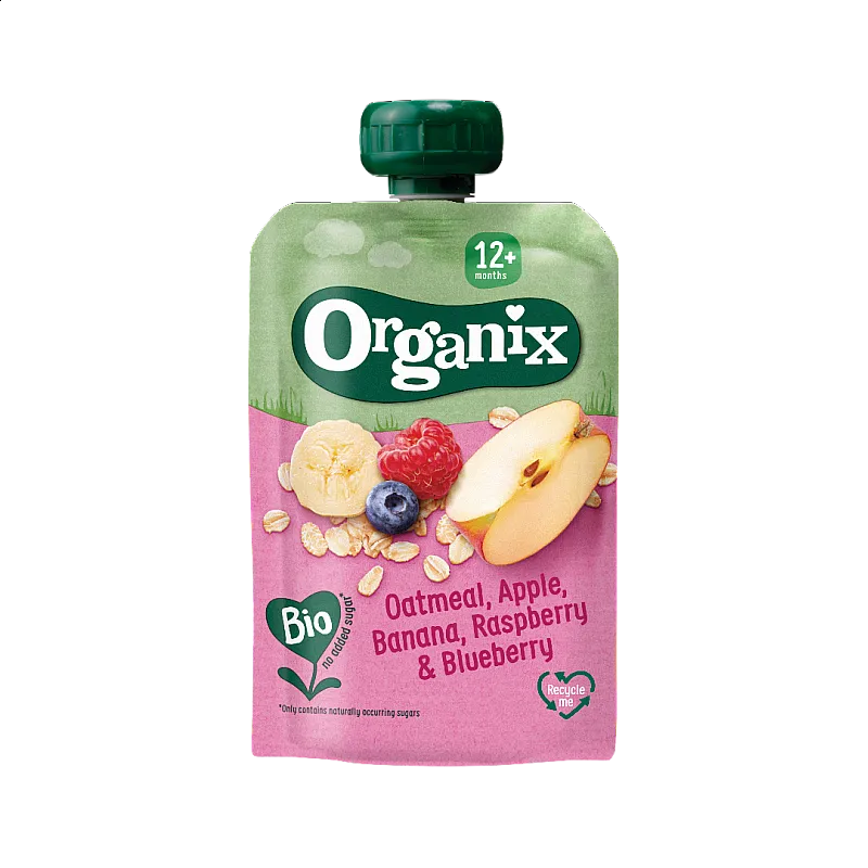 Organix Пауч овес, ябълка, банан, малина и боровинка 12м. 100г