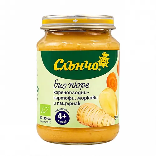 Слънчо Био пюре кореноплодни - картофи, моркови и пащърнак 4м. 190г