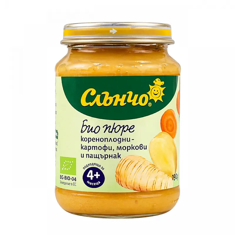 Слънчо Био пюре кореноплодни - картофи, моркови и пащърнак 4м. 190г