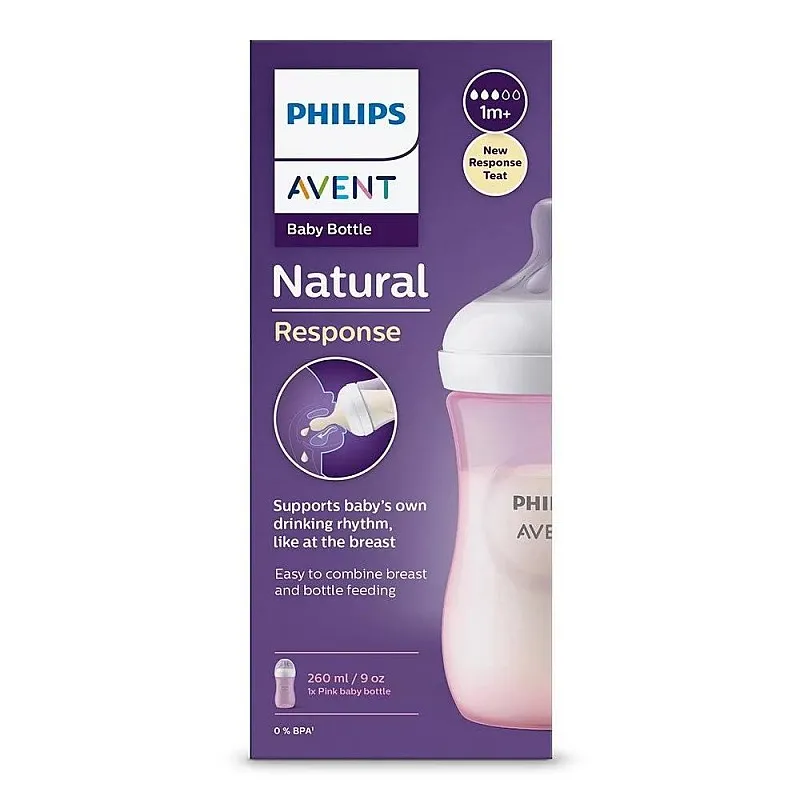 Philips AVENT Шише за хранене Natural Response 260 мл с биберон без протичане Natural Response Поток 3, 1м+ Розово SCY903/11