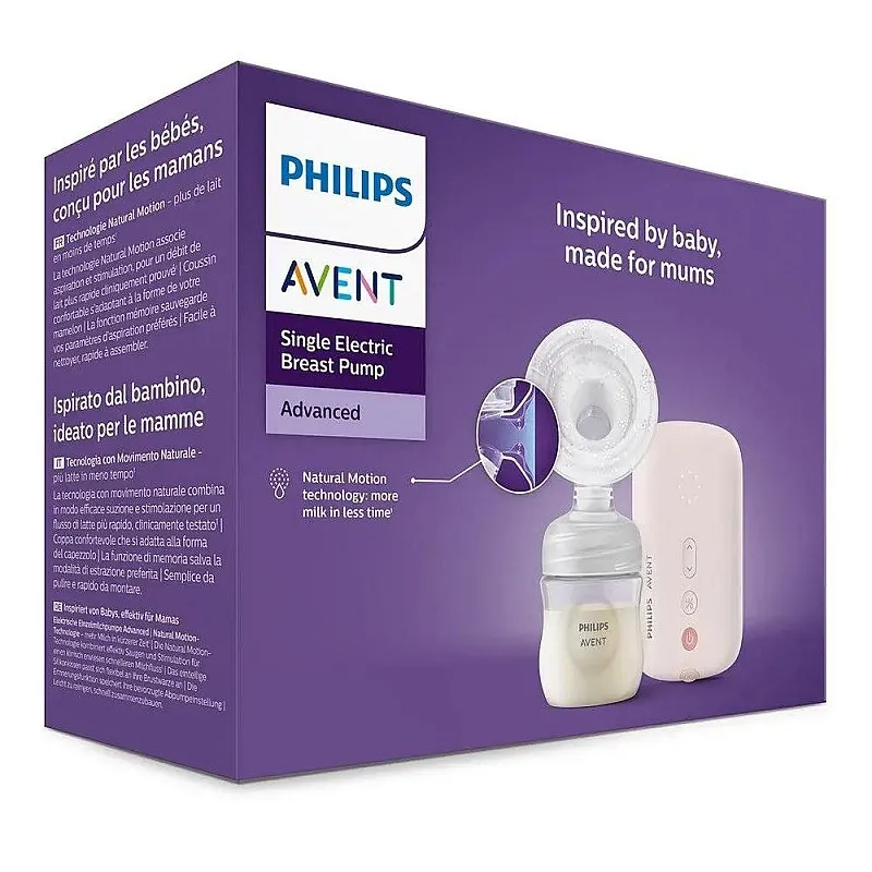 Единична електрическа помпа Natural Motion Philips AVENT SCF395/31 Advanced с 1 бр. полипропиленово шише от 125 мл с биберон Natural Response 0м+, 5 бр. торбички за кърма и 4 бр. подплънки