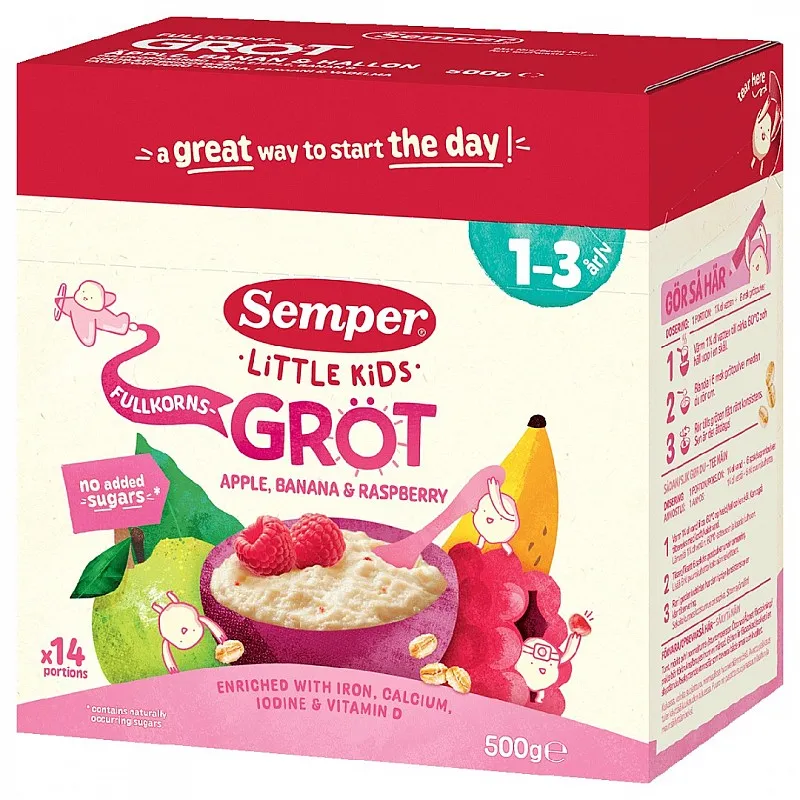 Semper Пълнозърнеста каша ябълка, банан и малина, 1-3г 470г