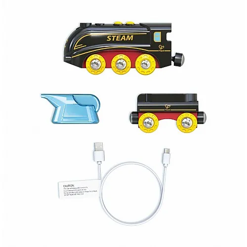 Дървен комплект Влак, Hape, с пара и светлина, 4 части