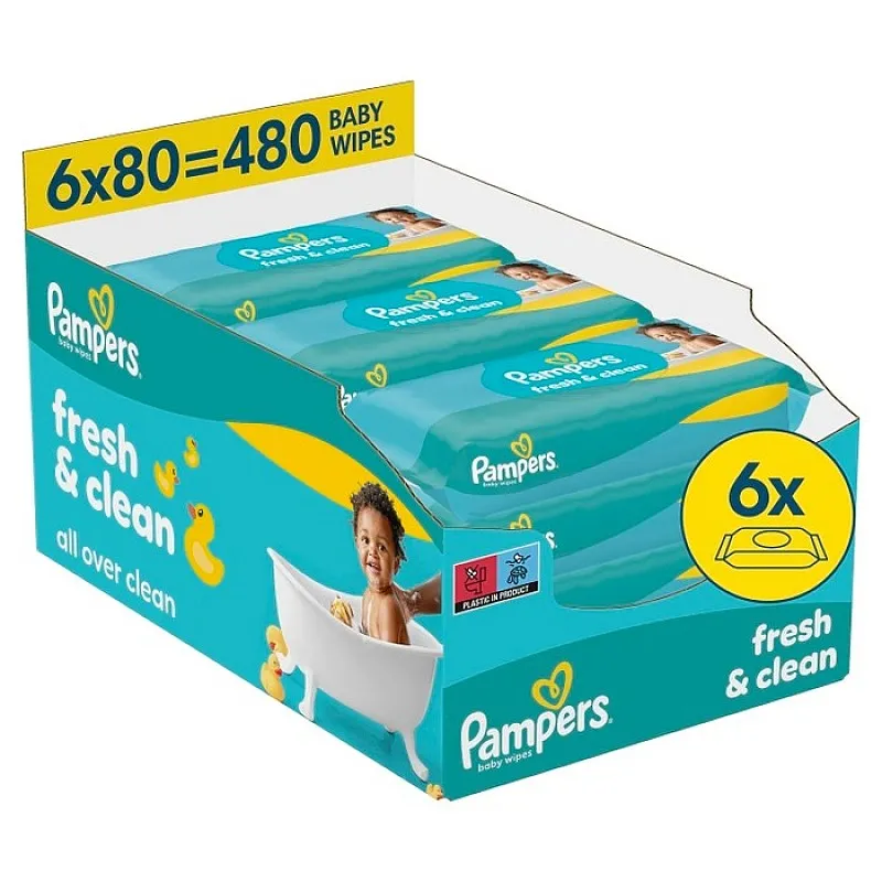 PAMPERS Fresh & Clean Бебешки мокри кърпички 6х80бр.