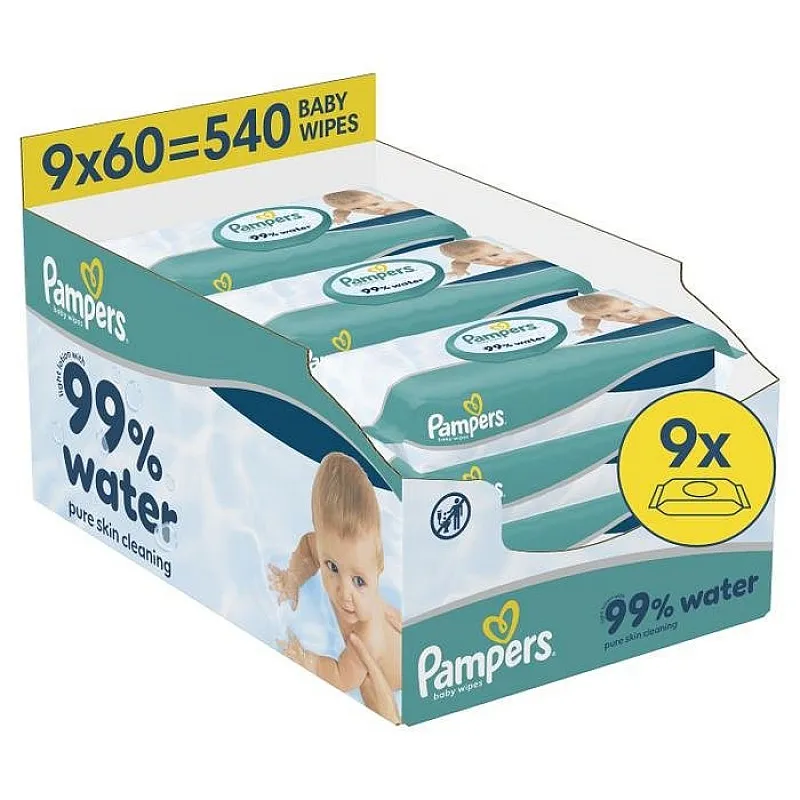 PAMPERS Water Бебешки мокри кърпички с 99% вода 9х60бр.