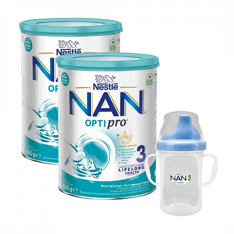 NESTLE NAN 3 Преходно мляко 12м.+ 2х800г с подарък - Чаша с твърд накрайник