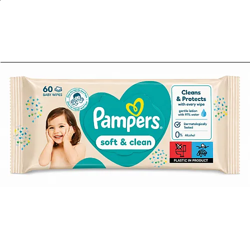 PAMPERS Soft & Clean бебешки мокри кърпички 60бр.
