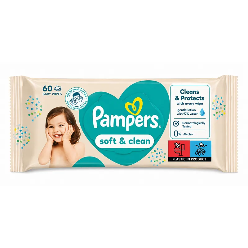 PAMPERS Soft & Clean бебешки мокри кърпички 60бр.