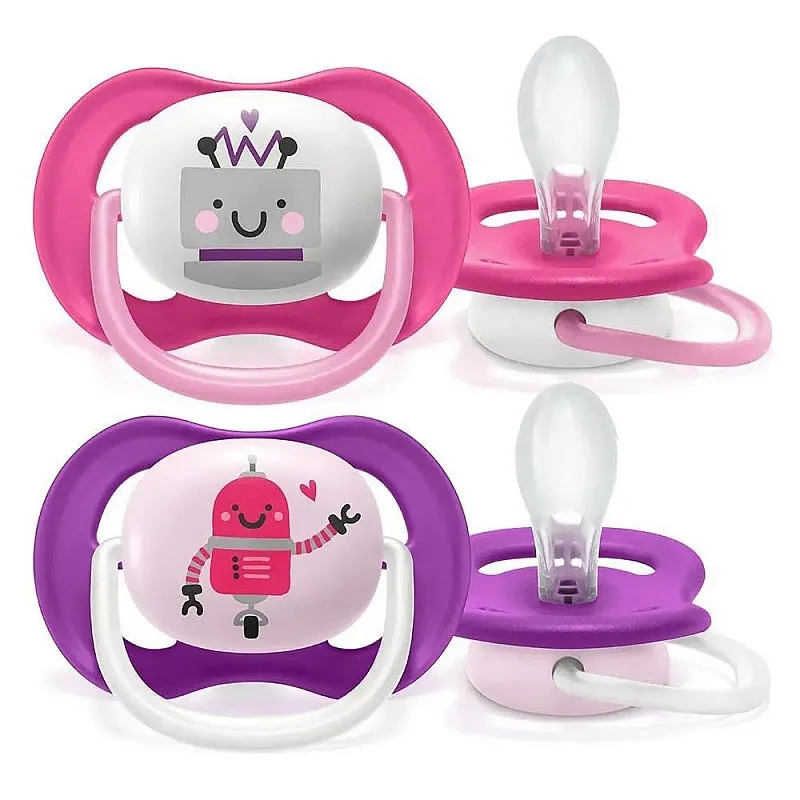 2 бр. ортодонтични залъгалки Philips AVENT SCF080/10 Ultra Air Happy, с декорация роботи в кутия за стерилизиране, 6-18м - момиче
