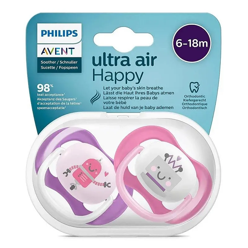 2 бр. ортодонтични залъгалки Philips AVENT SCF080/10 Ultra Air Happy, с декорация роботи в кутия за стерилизиране, 6-18м - момиче