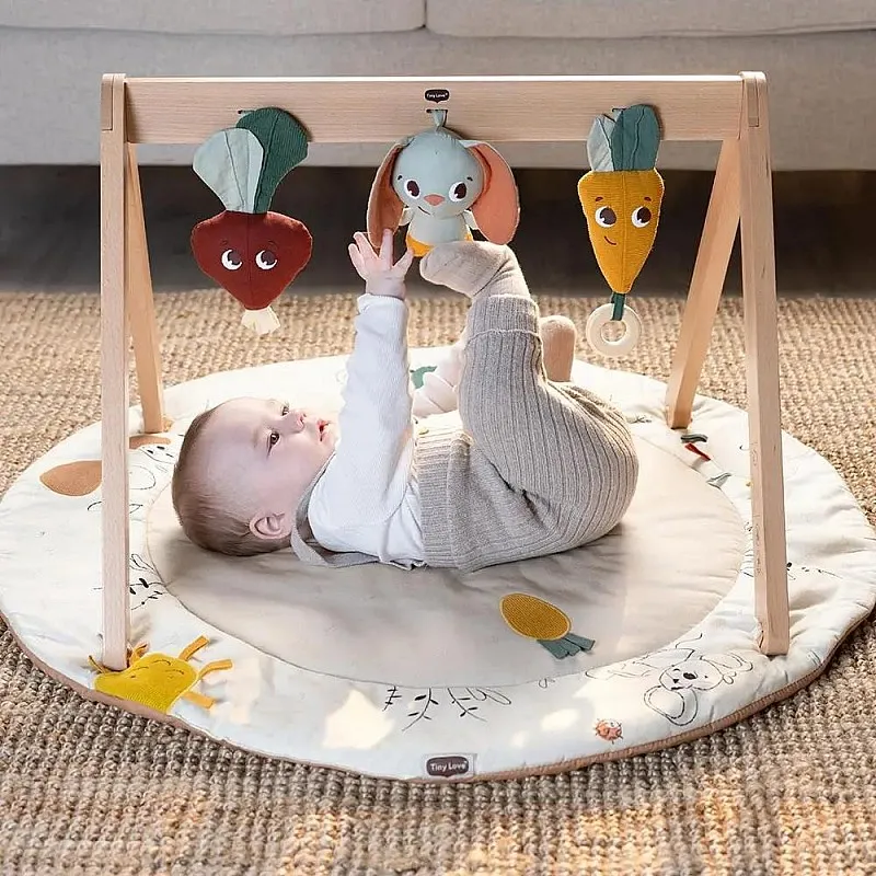 Еко Активна гимнастика Tiny Love Luxe Gymini от серията Garden of Adventures, с кръгло килимче с диаметър 90 см, дървена арка, 3 играчки и възглавница за игра по корем, 0м+