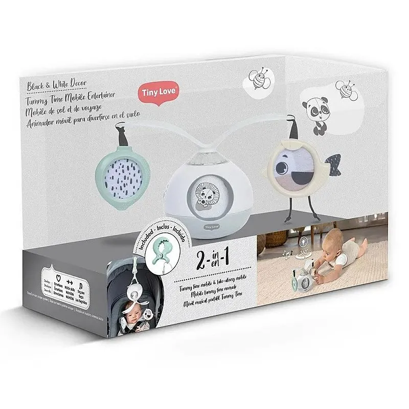 2-в-1 Музикална играчка TINY LOVE Tummy Time от серията Black&White Décor, с 30 минути музика и визуално шоу, с универсална щипка за закачване на детската количка, 0м+