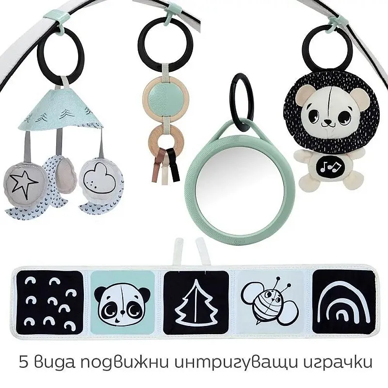 Активна гимнастика Tiny Love Developmental Gymini от серията Black&White Décor с кръгло килимче с диаметър 90 см, регулируеми арки и селекция от 5 играчки, 0м+
