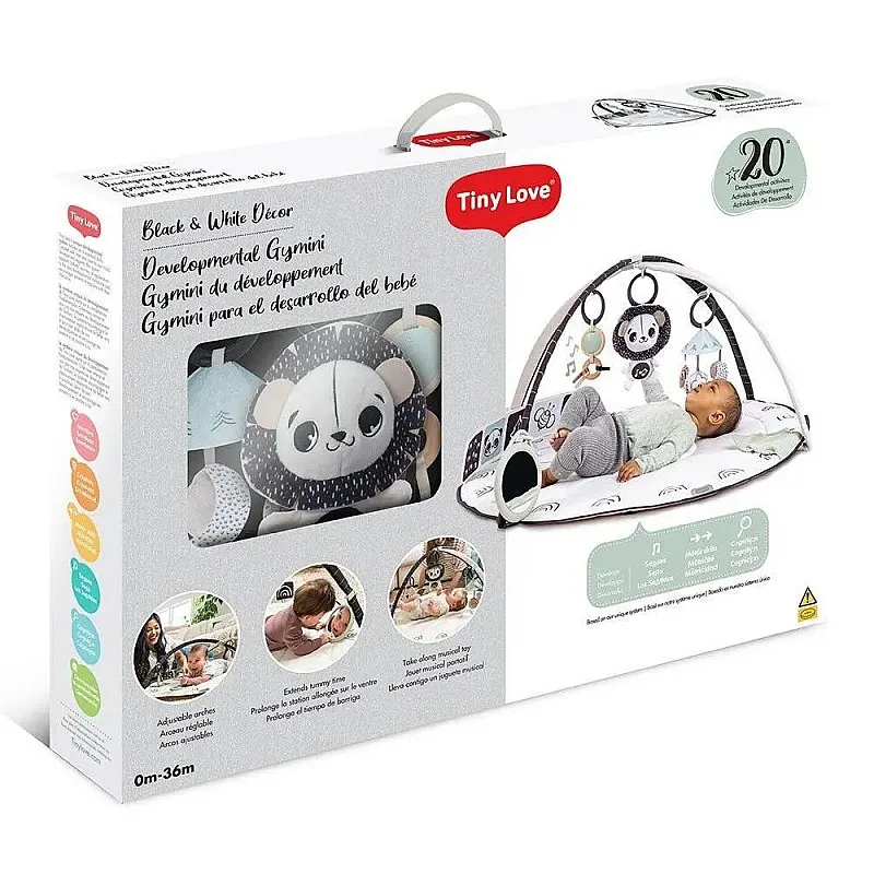 Активна гимнастика Tiny Love Developmental Gymini от серията Black&White Décor с кръгло килимче с диаметър 90 см, регулируеми арки и селекция от 5 играчки, 0м+