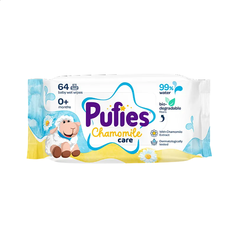 Pufies Clean Care Мокри кърпички с 99% вода и Лайка 64бр.